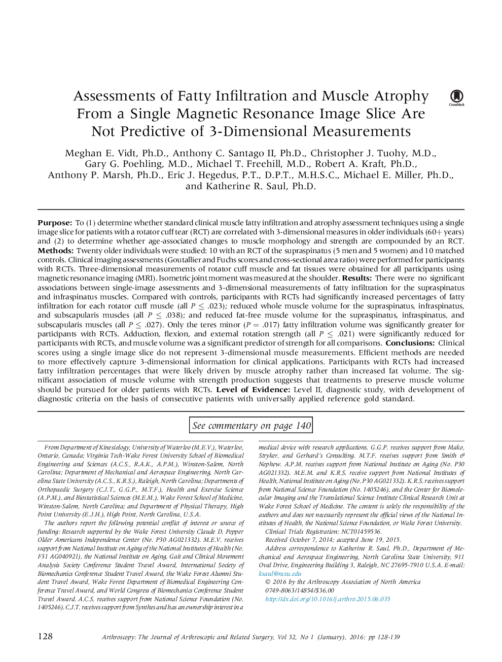 Assessments of Fatty Infiltration and Muscle Atrophy From a Single Magnetic Resonance Image Slice Are Not Predictive of 3-Dimensional Measurements 