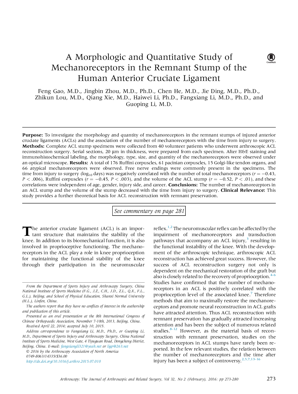 A Morphologic and Quantitative Study of Mechanoreceptors in the Remnant Stump of the Human Anterior Cruciate Ligament 