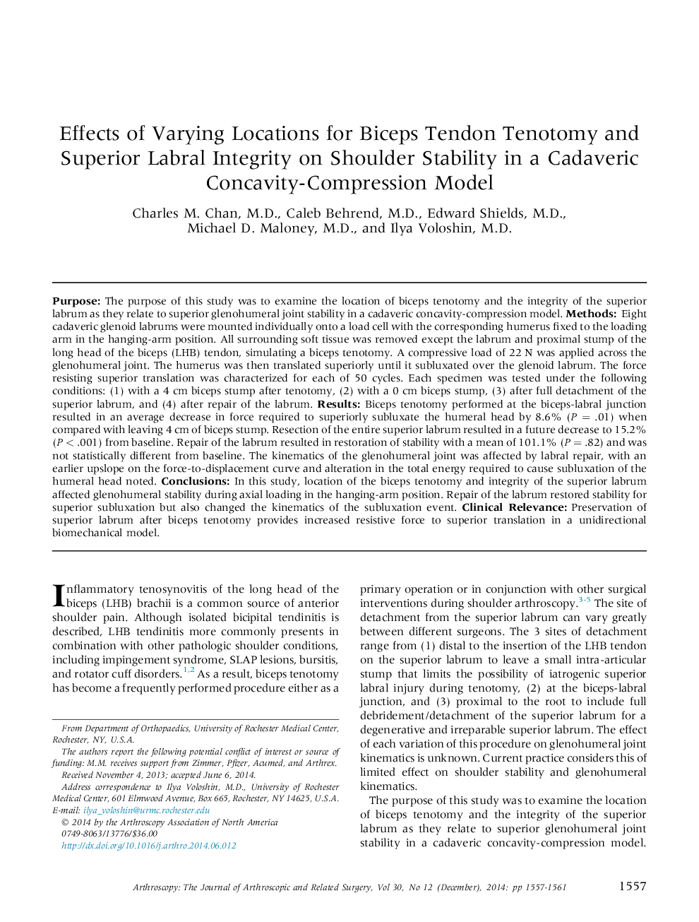 Effects of Varying Locations for Biceps Tendon Tenotomy and Superior Labral Integrity on Shoulder Stability in a Cadaveric Concavity-Compression Model 