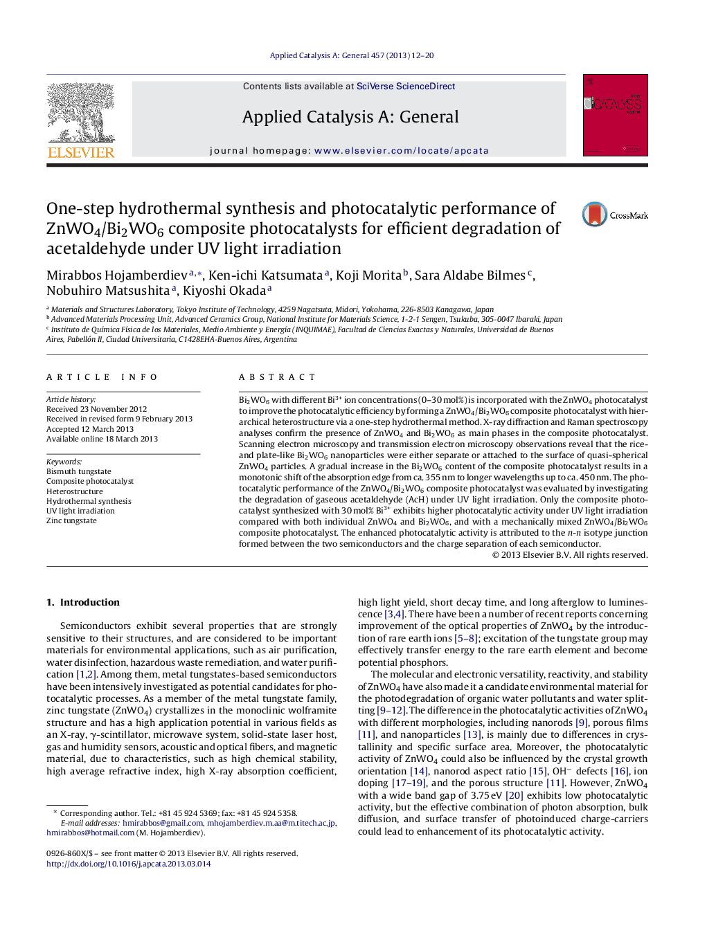 One-step hydrothermal synthesis and photocatalytic performance of ZnWO4/Bi2WO6 composite photocatalysts for efficient degradation of acetaldehyde under UV light irradiation