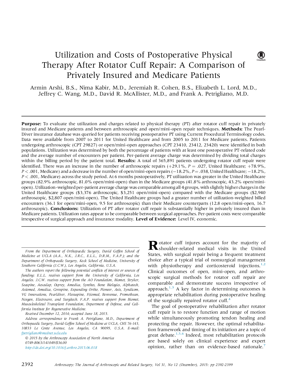 مصرف و هزینه درمان فیزیکی پس از عمل پس از تعمیر روتاتور کاف: مقایسه بیماران خصوصی و بیمه مدیکر 