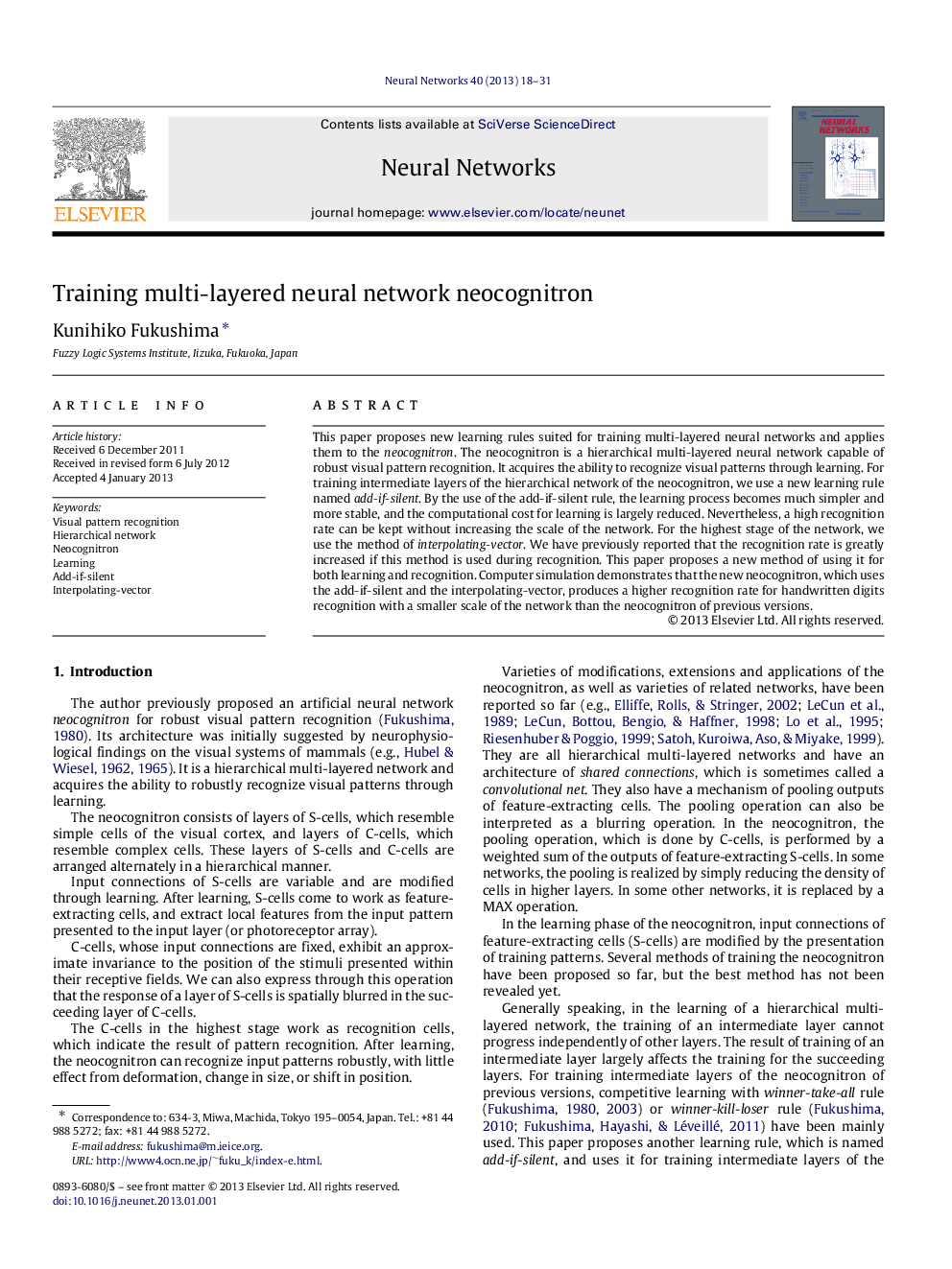 Training multi-layered neural network neocognitron