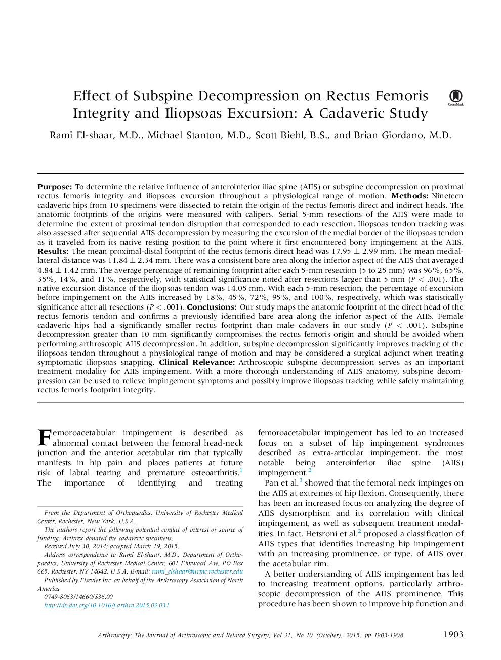 Effect of Subspine Decompression on Rectus Femoris Integrity and Iliopsoas Excursion: A Cadaveric Study 