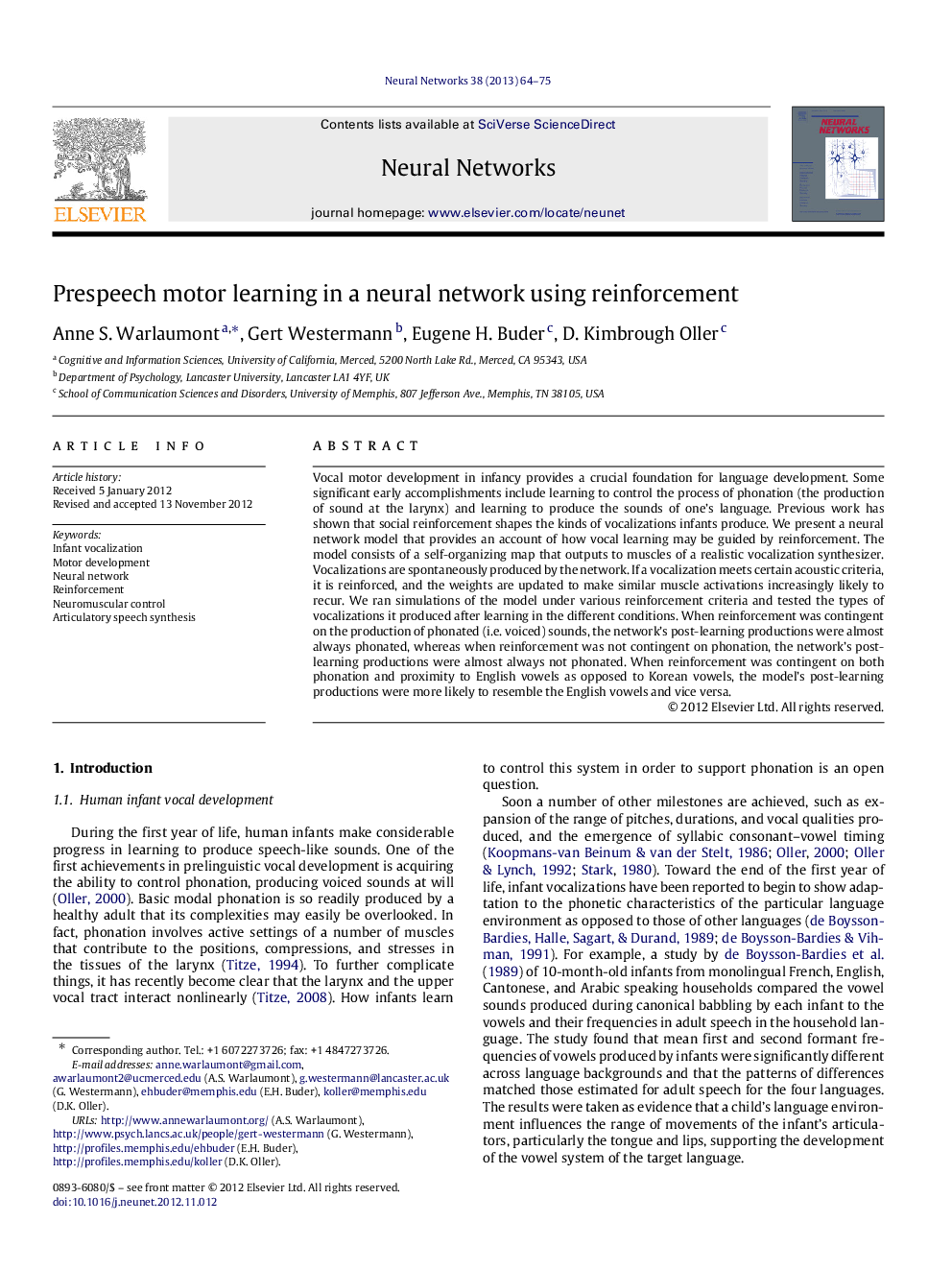 Prespeech motor learning in a neural network using reinforcement