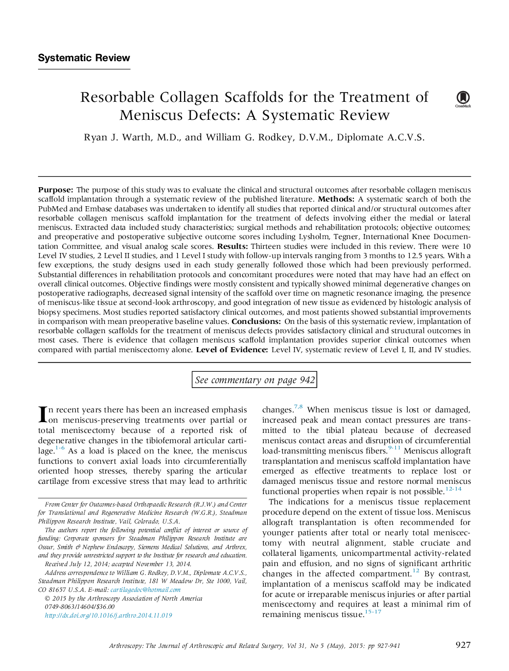 Resorbable Collagen Scaffolds for the Treatment of Meniscus Defects: A Systematic Review 