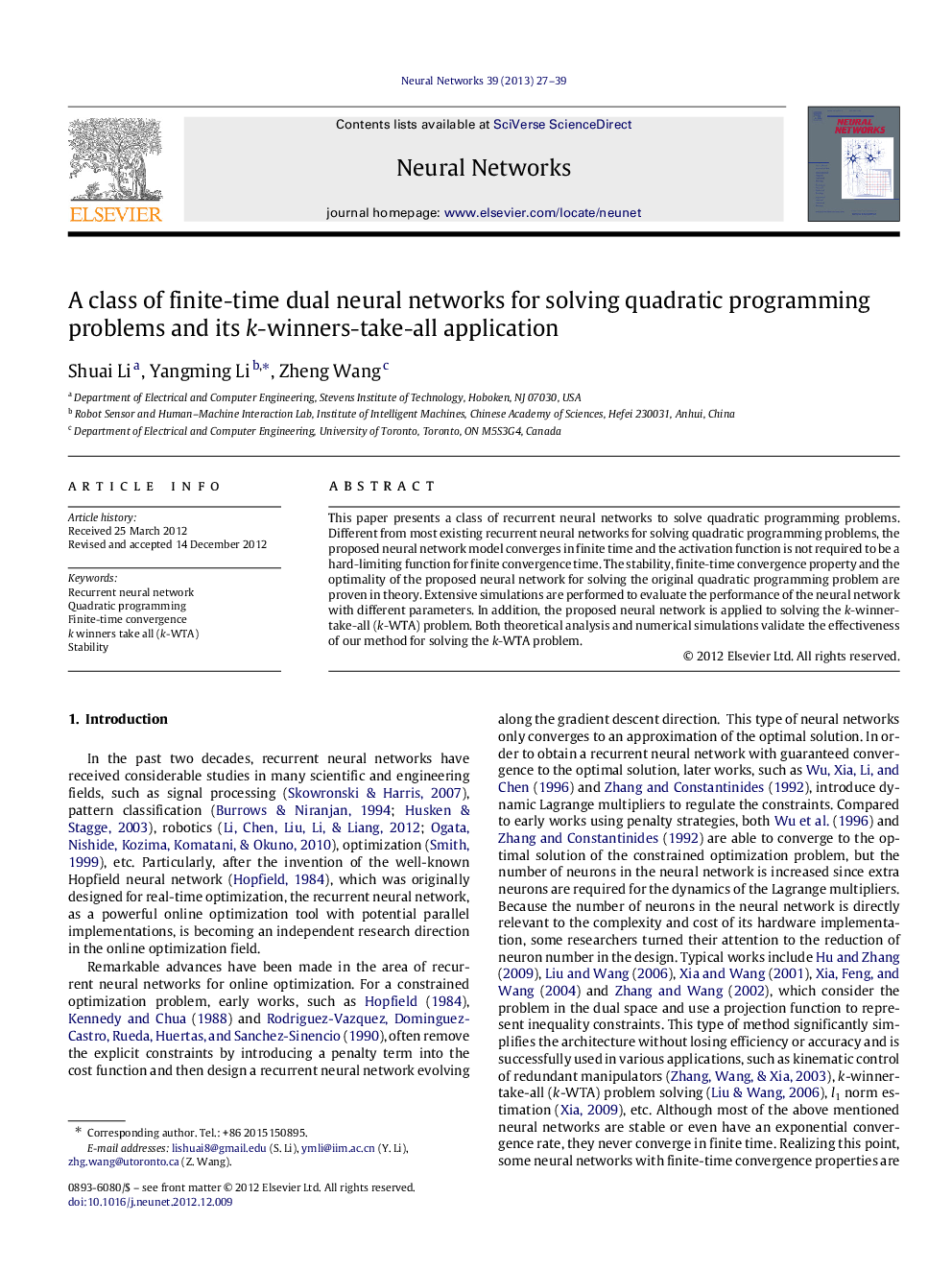 A class of finite-time dual neural networks for solving quadratic programming problems and its kk-winners-take-all application