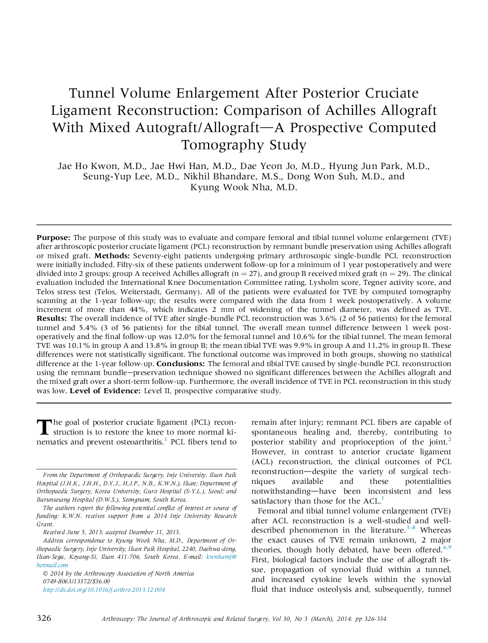 Tunnel Volume Enlargement After Posterior Cruciate Ligament Reconstruction: Comparison of Achilles Allograft With Mixed Autograft/Allograft—A Prospective Computed Tomography Study 