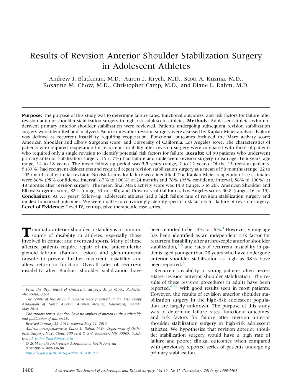 Results of Revision Anterior Shoulder Stabilization Surgery in Adolescent Athletes 