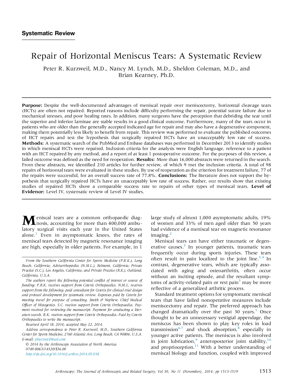 Repair of Horizontal Meniscus Tears: A Systematic Review 