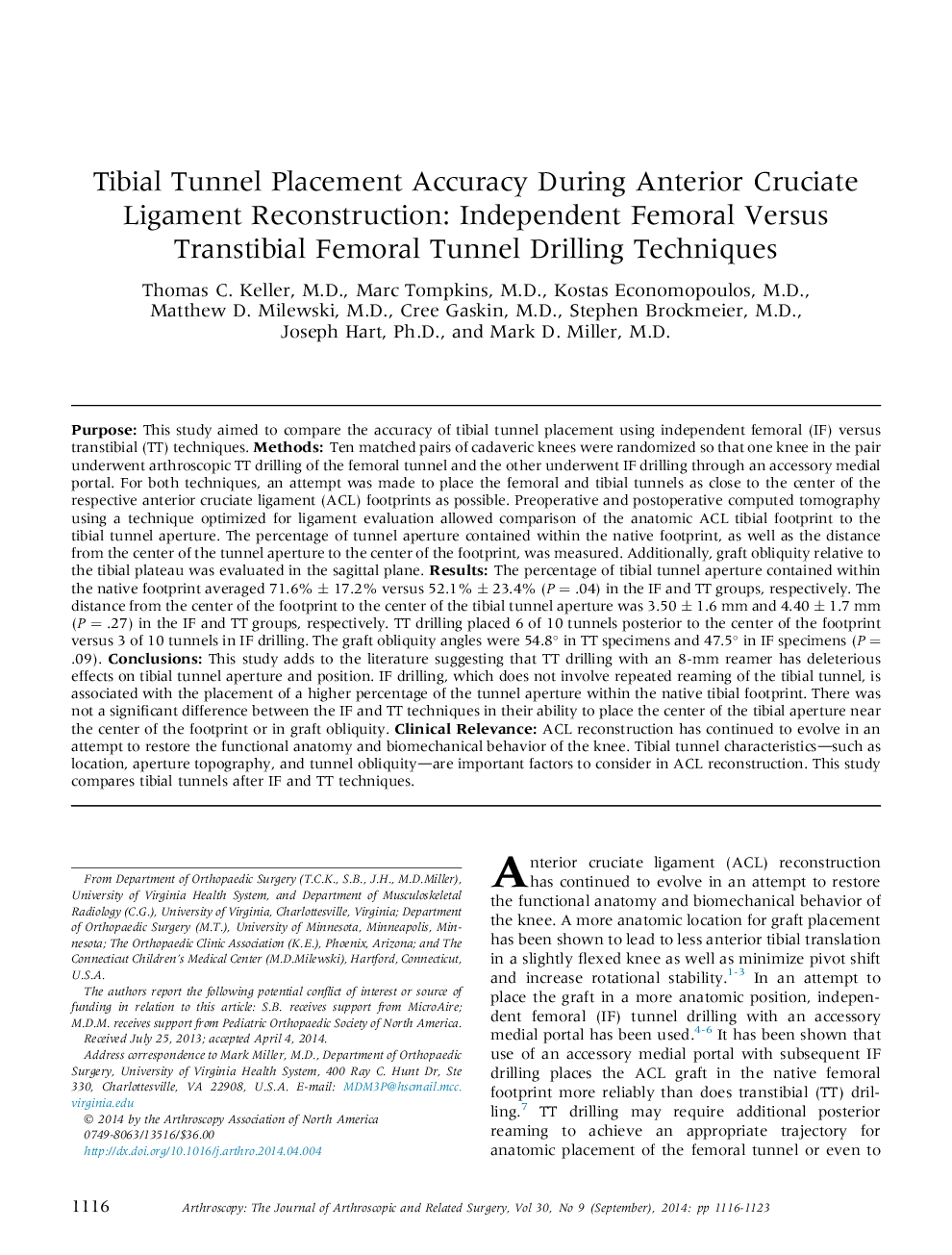 Tibial Tunnel Placement Accuracy During Anterior Cruciate Ligament Reconstruction: Independent Femoral Versus Transtibial Femoral Tunnel Drilling Techniques 