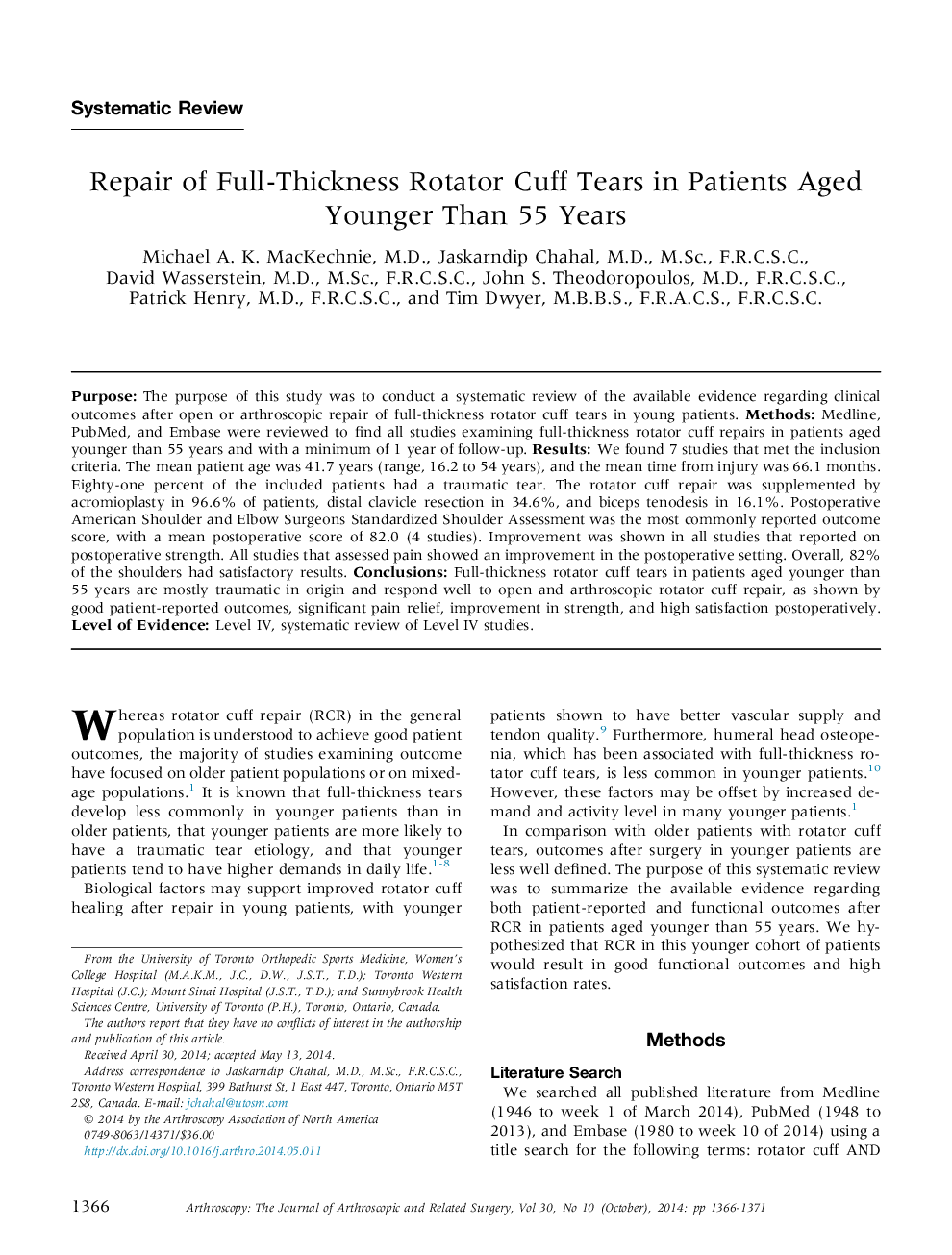 Repair of Full-Thickness Rotator Cuff Tears in Patients Aged Younger Than 55 Years 