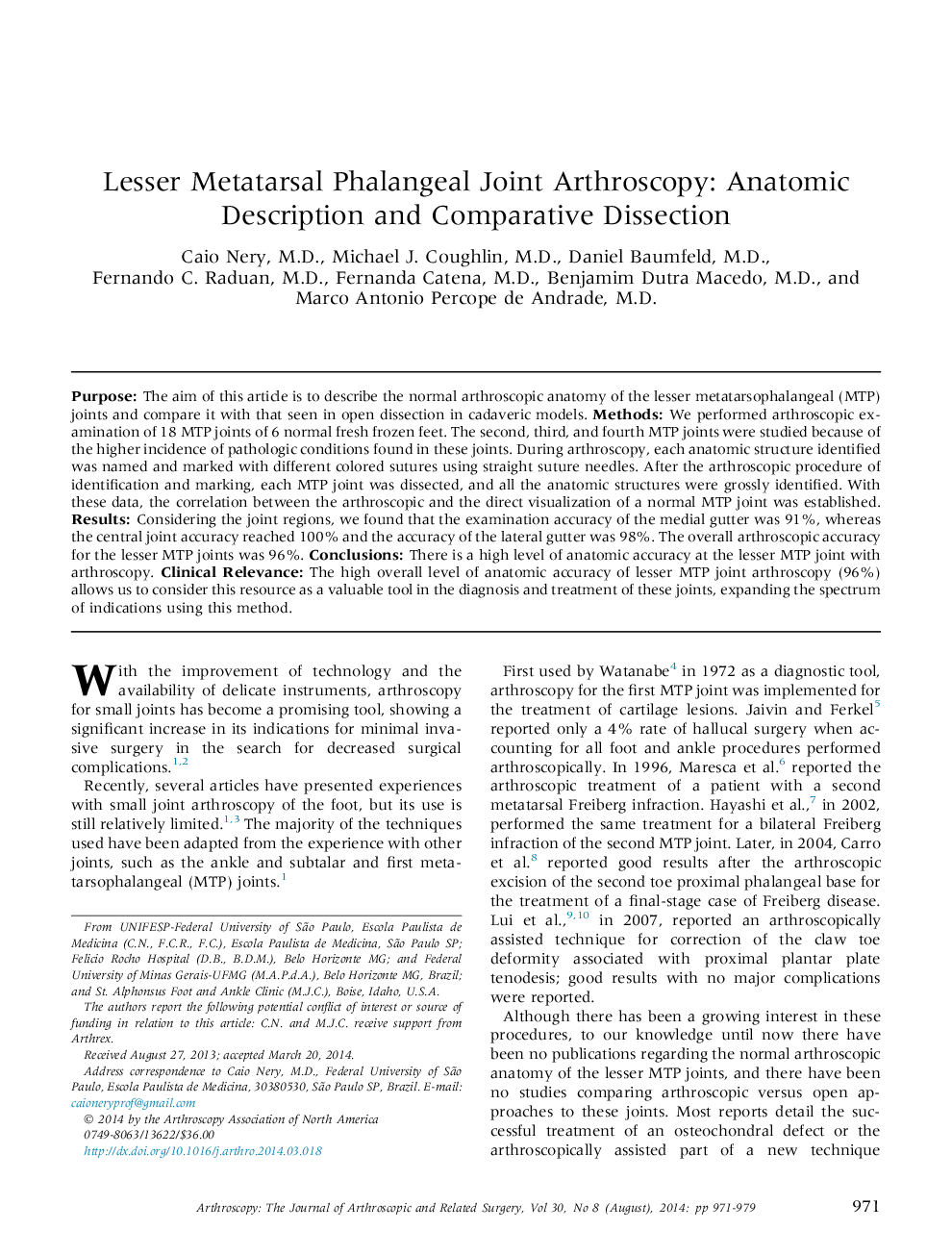 Lesser Metatarsal Phalangeal Joint Arthroscopy: Anatomic Description and Comparative Dissection 