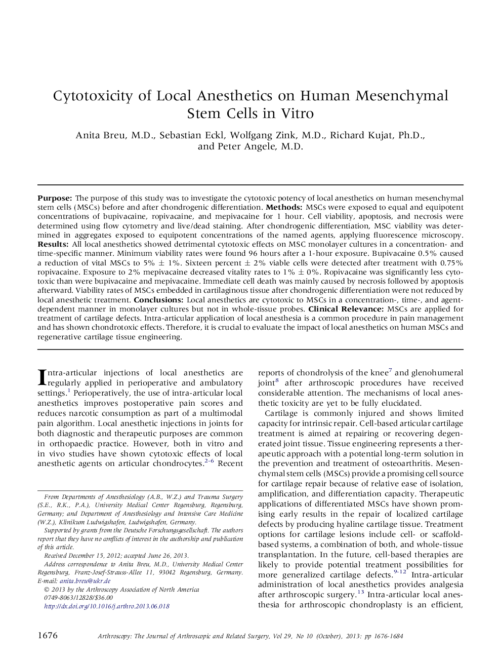 Cytotoxicity of Local Anesthetics on Human Mesenchymal Stem Cells in Vitro 