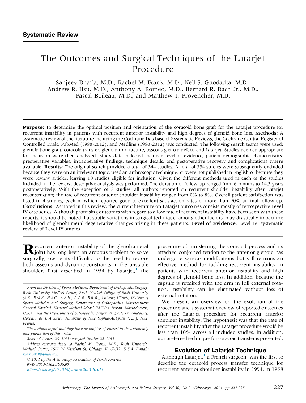 The Outcomes and Surgical Techniques of the Latarjet Procedure 