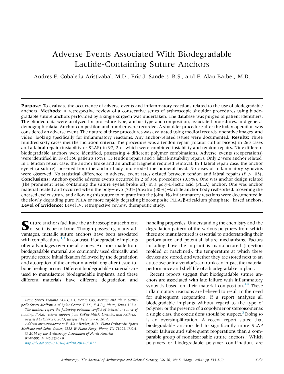 Adverse Events Associated With Biodegradable Lactide-Containing Suture Anchors 