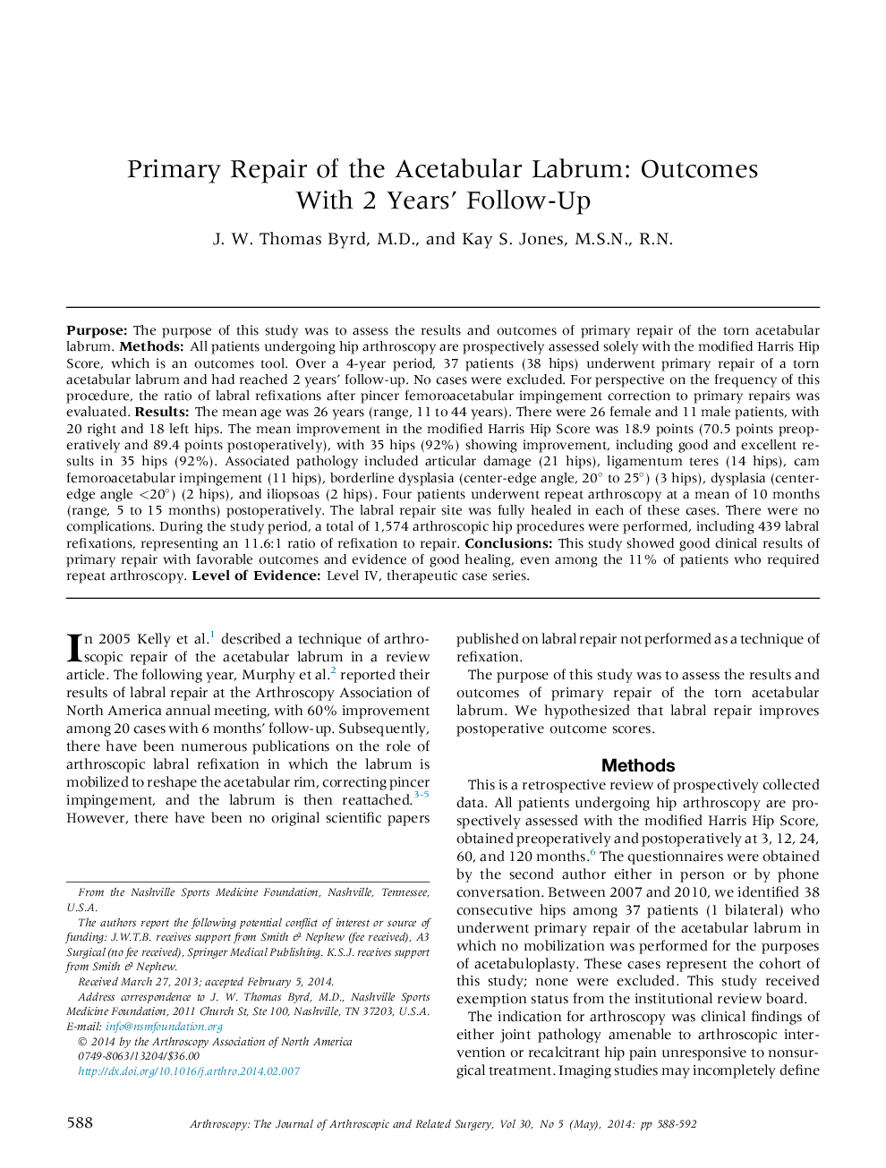 Primary Repair of the Acetabular Labrum: Outcomes With 2 Years' Follow-Up 