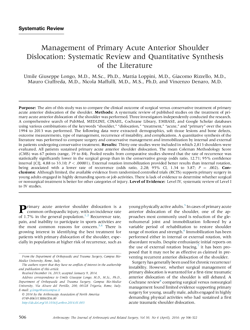 Management of Primary Acute Anterior Shoulder Dislocation: Systematic Review and Quantitative Synthesis of the Literature 