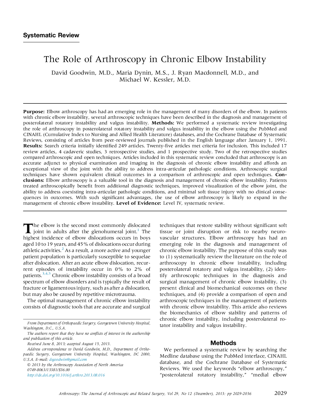 The Role of Arthroscopy in Chronic Elbow Instability 