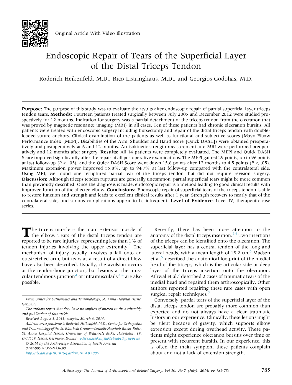 Endoscopic Repair of Tears of the Superficial Layer of the Distal Triceps Tendon 