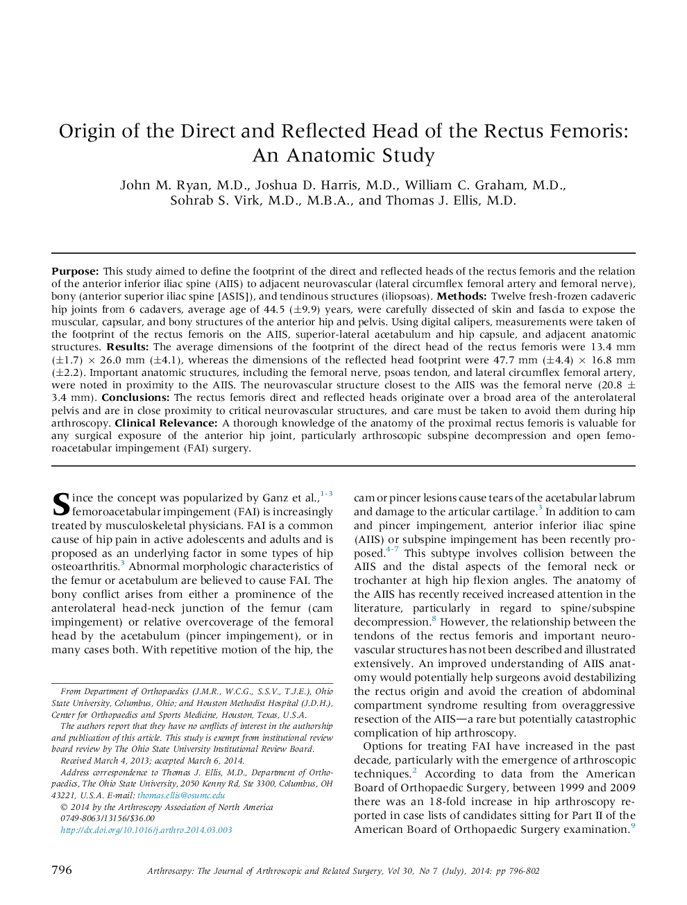 Origin of the Direct and Reflected Head of the Rectus Femoris: An Anatomic Study 