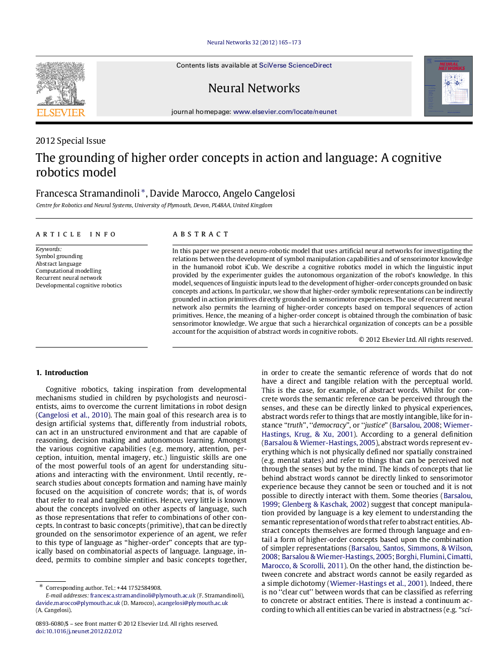 The grounding of higher order concepts in action and language: A cognitive robotics model