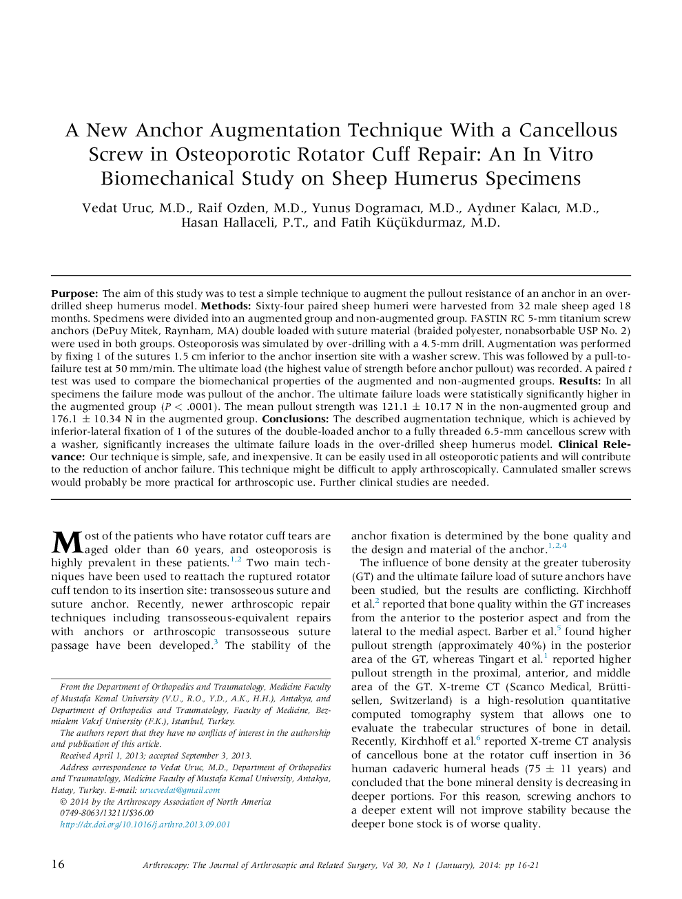 A New Anchor Augmentation Technique With a Cancellous Screw in Osteoporotic Rotator Cuff Repair: An In Vitro Biomechanical Study on Sheep Humerus Specimens 