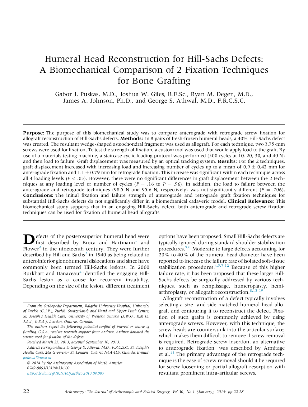 Humeral Head Reconstruction for Hill-Sachs Defects: A Biomechanical Comparison of 2 Fixation Techniques for Bone Grafting 