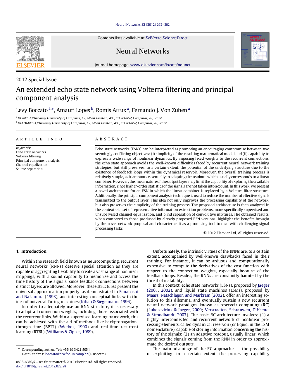 An extended echo state network using Volterra filtering and principal component analysis