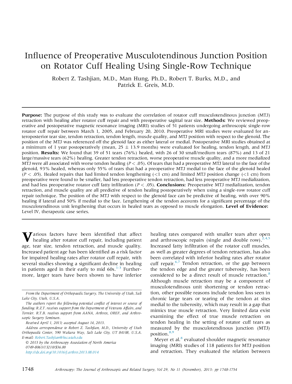 Influence of Preoperative Musculotendinous Junction Position on Rotator Cuff Healing Using Single-Row Technique 