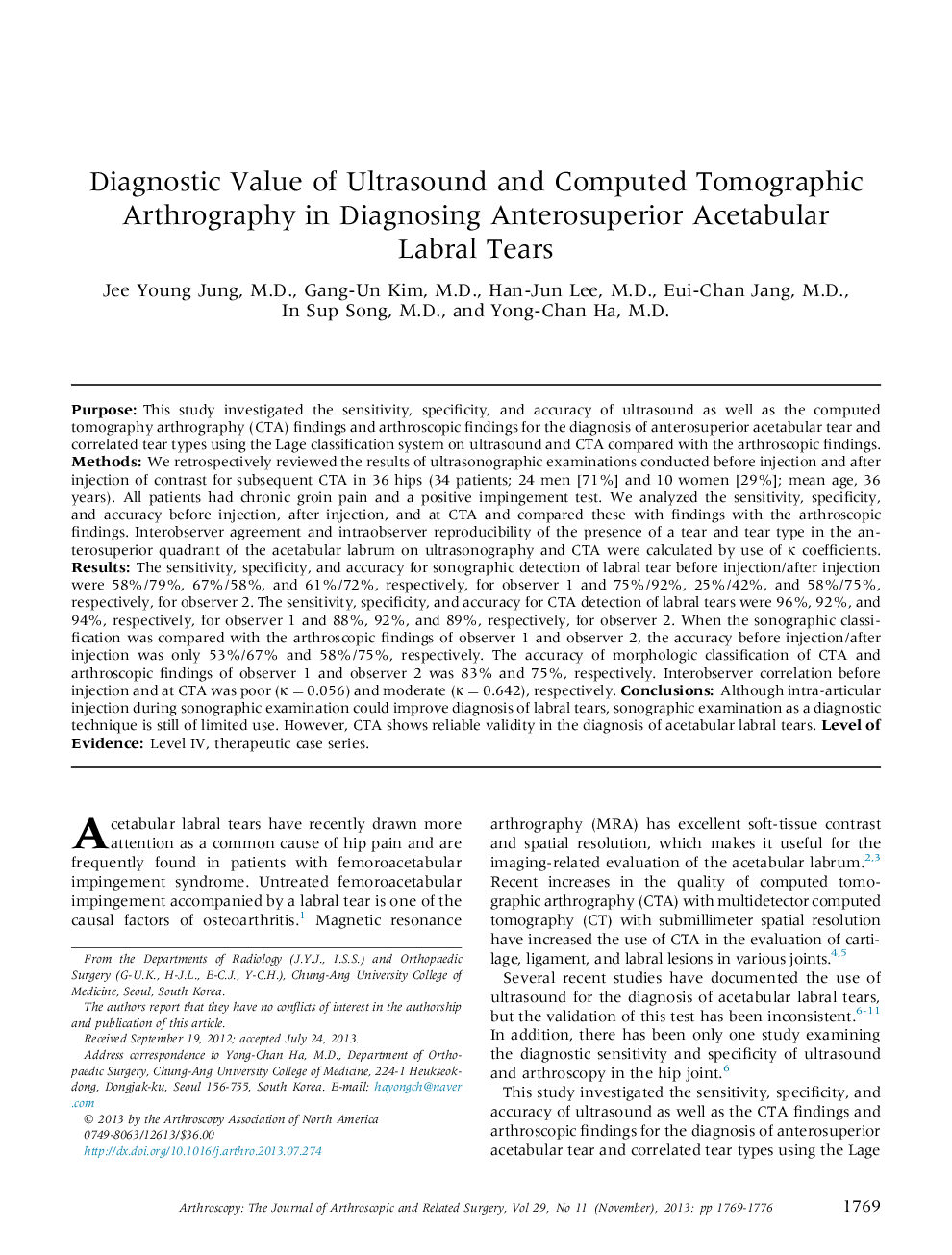 Diagnostic Value of Ultrasound and Computed Tomographic Arthrography in Diagnosing Anterosuperior Acetabular Labral Tears 