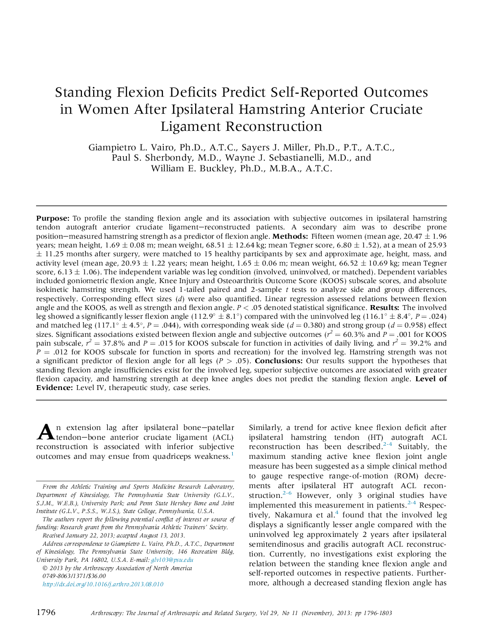 Standing Flexion Deficits Predict Self-Reported Outcomes in Women After Ipsilateral Hamstring Anterior Cruciate Ligament Reconstruction 