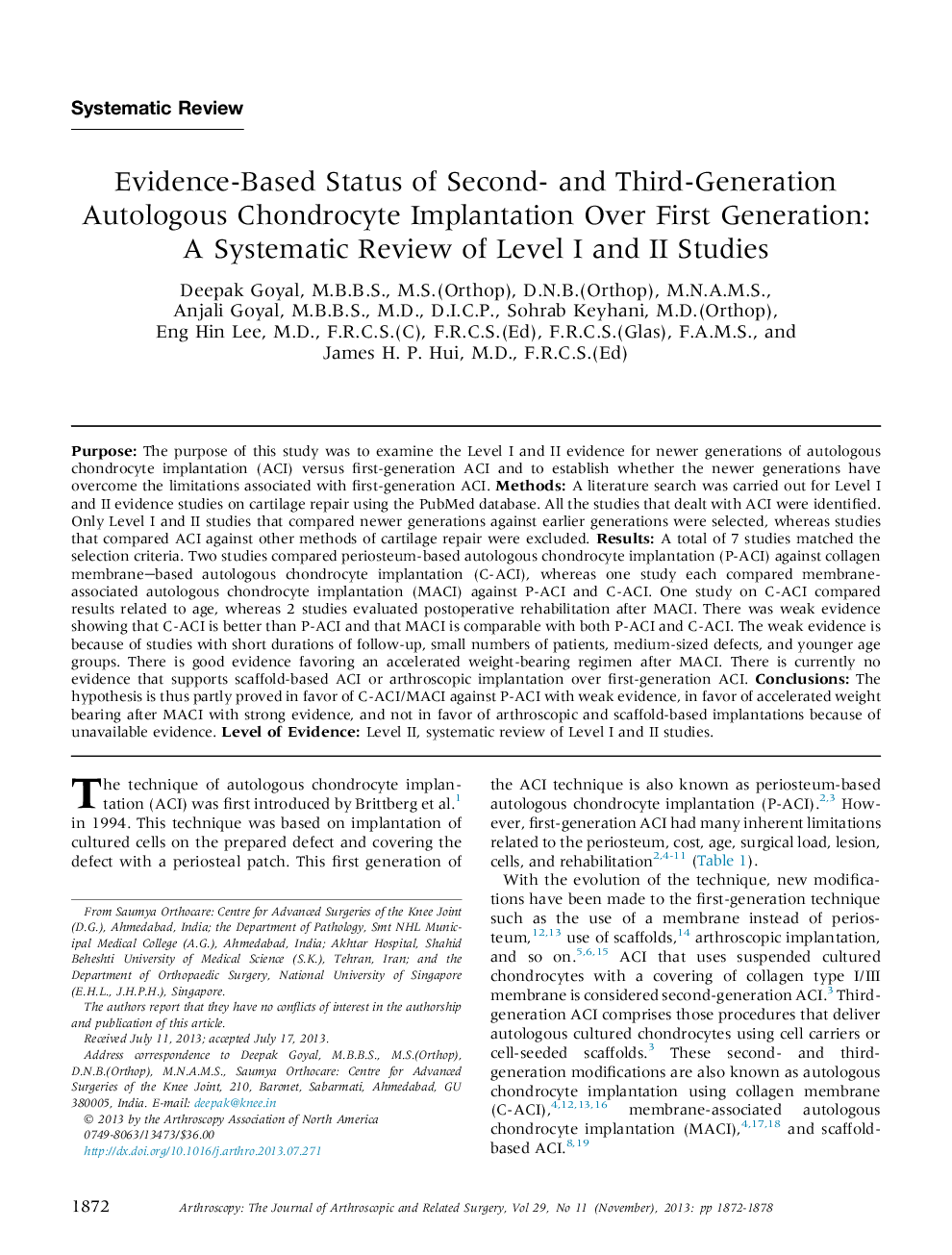 Evidence-Based Status of Second- and Third-Generation Autologous Chondrocyte Implantation Over First Generation: A Systematic Review of Level I and II Studies 