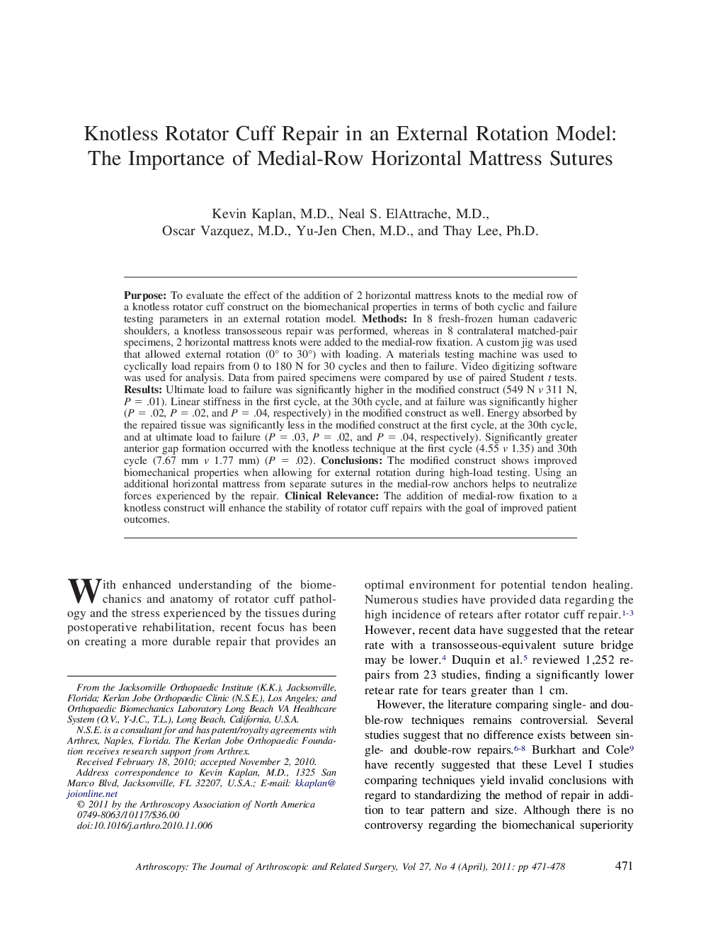 Knotless Rotator Cuff Repair in an External Rotation Model: The Importance of Medial-Row Horizontal Mattress Sutures 
