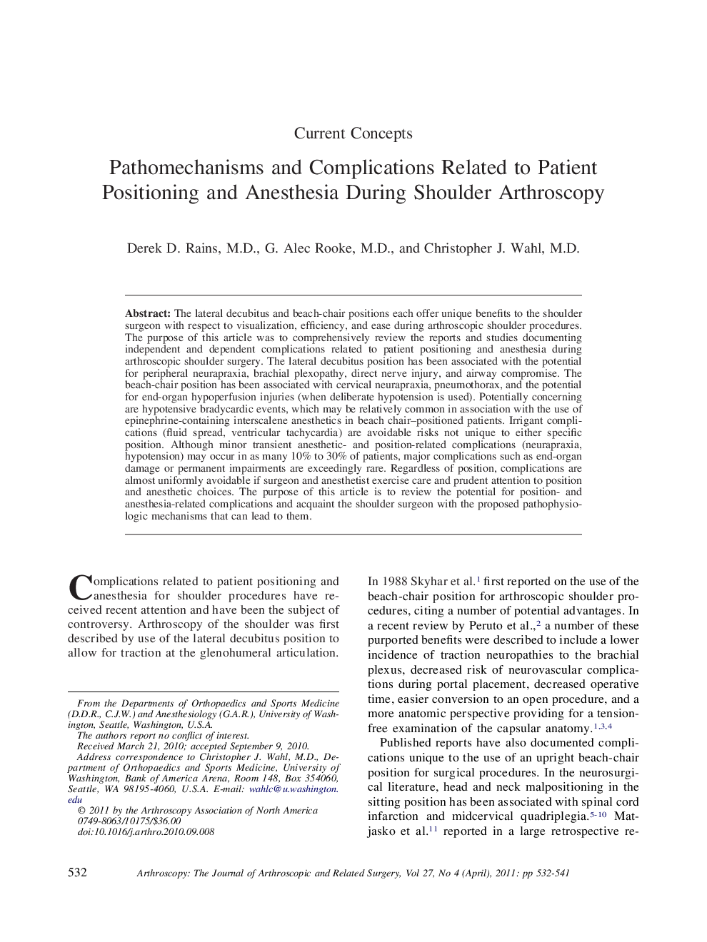 Pathomechanisms and Complications Related to Patient Positioning and Anesthesia During Shoulder Arthroscopy 