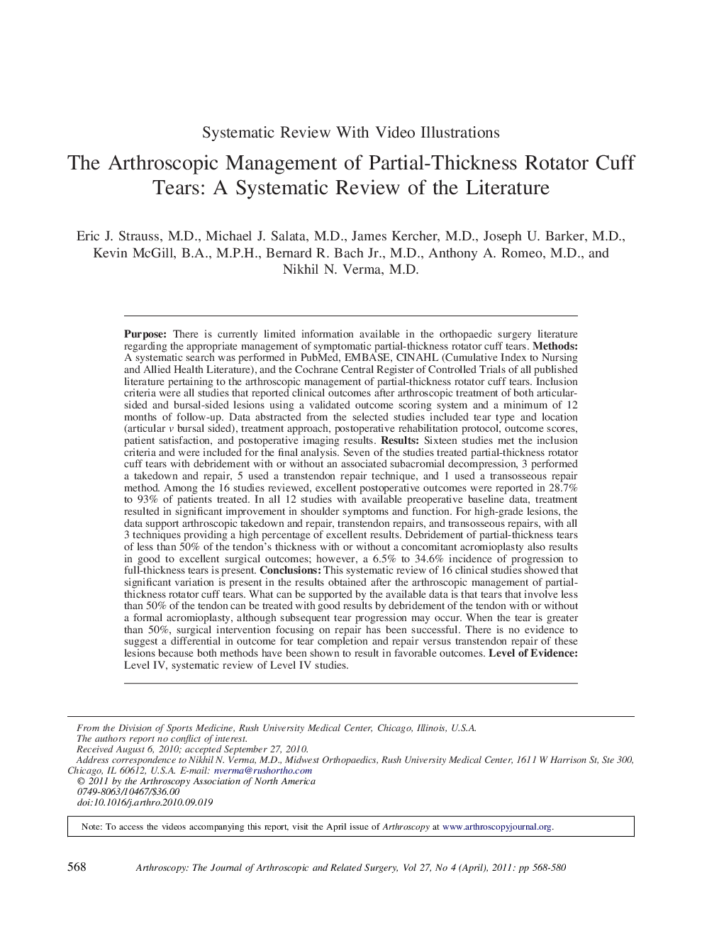 The Arthroscopic Management of Partial-Thickness Rotator Cuff Tears: A Systematic Review of the Literature 