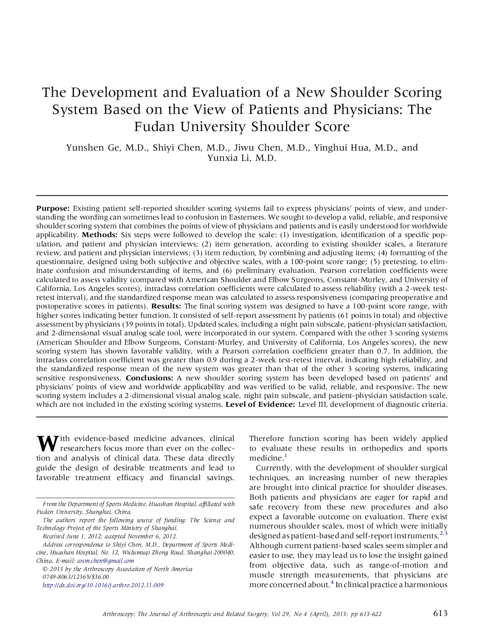 The Development and Evaluation of a New Shoulder Scoring System Based on the View of Patients and Physicians: The Fudan University Shoulder Score 