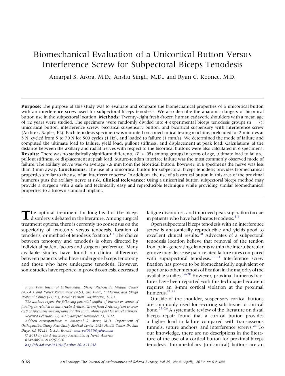 Biomechanical Evaluation of a Unicortical Button Versus Interference Screw for Subpectoral Biceps Tenodesis 