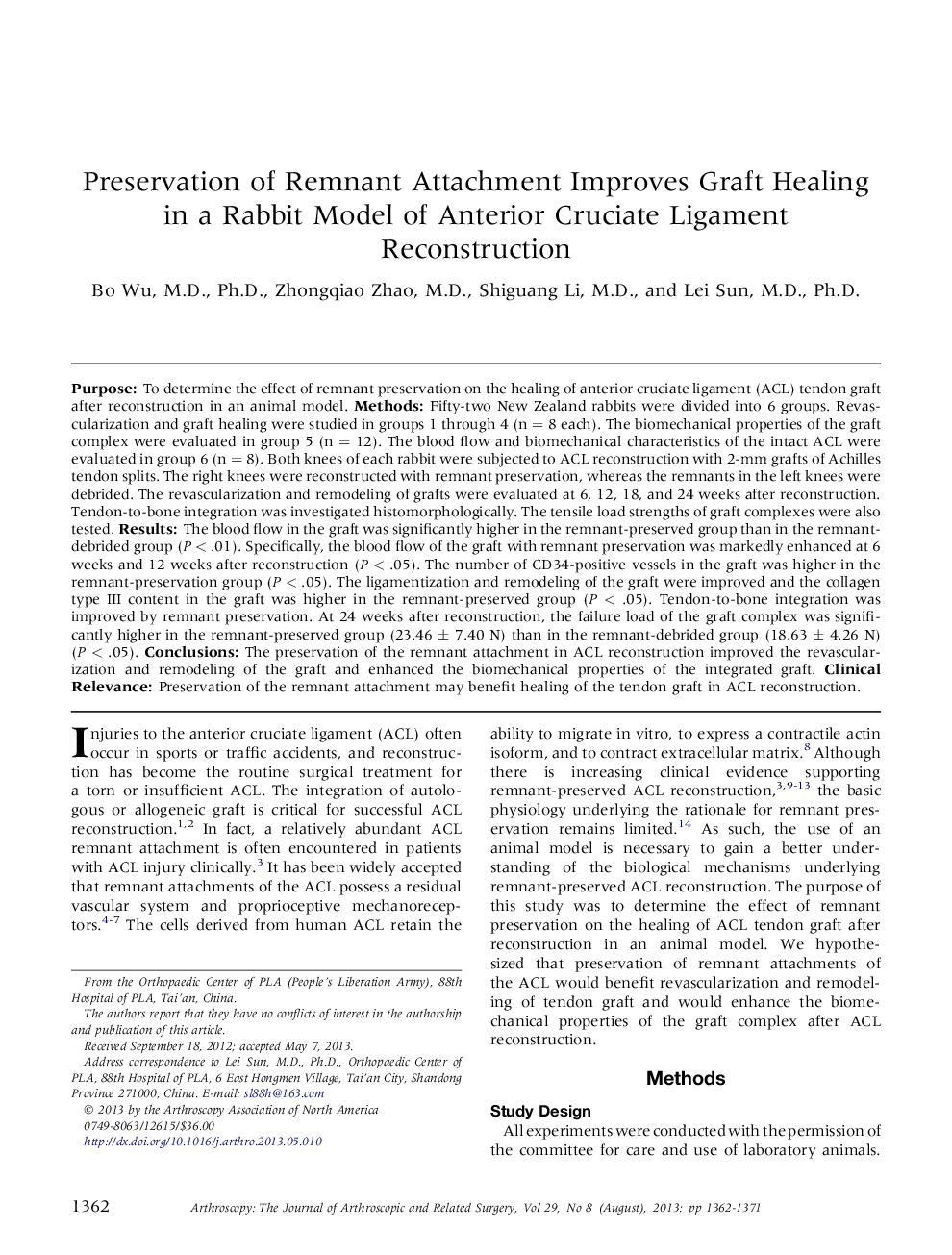 Preservation of Remnant Attachment Improves Graft Healing in a Rabbit Model of Anterior Cruciate Ligament Reconstruction 