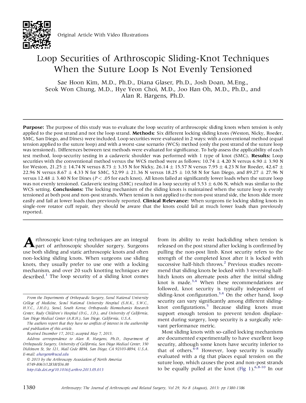 Loop Securities of Arthroscopic Sliding-Knot Techniques When the Suture Loop Is Not Evenly Tensioned 