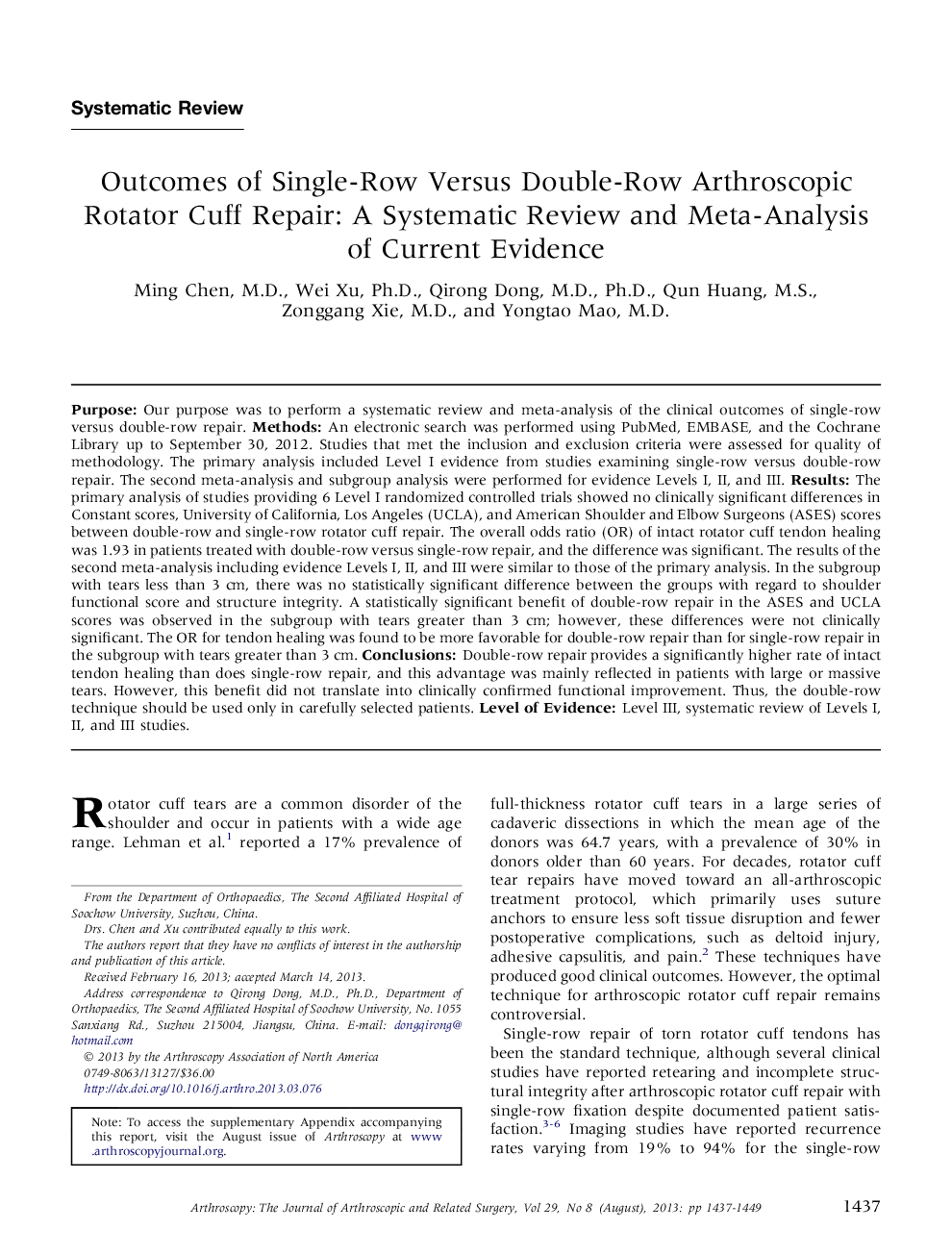 Outcomes of Single-Row Versus Double-Row Arthroscopic Rotator Cuff Repair: A Systematic Review and Meta-Analysis of Current Evidence 