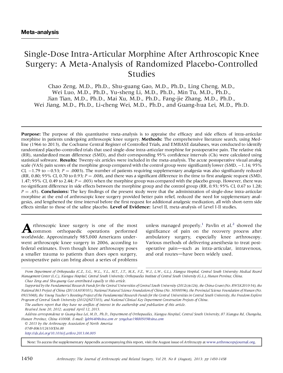 عکس صفحه اول مقاله: Single-Dose Intra-Articular Morphine After Arthroscopic Knee Surgery: A Meta-Analysis of Randomized Placebo-Controlled Studies Single-Dose Intra-Articular Morphine After Arthroscopic Knee Surgery: A Meta-Analysis of Randomized Placebo-Controlled Studies