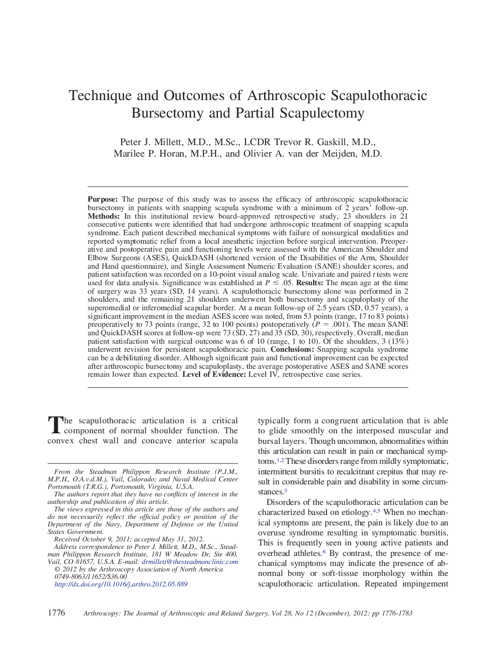 Technique and Outcomes of Arthroscopic Scapulothoracic Bursectomy and Partial Scapulectomy 