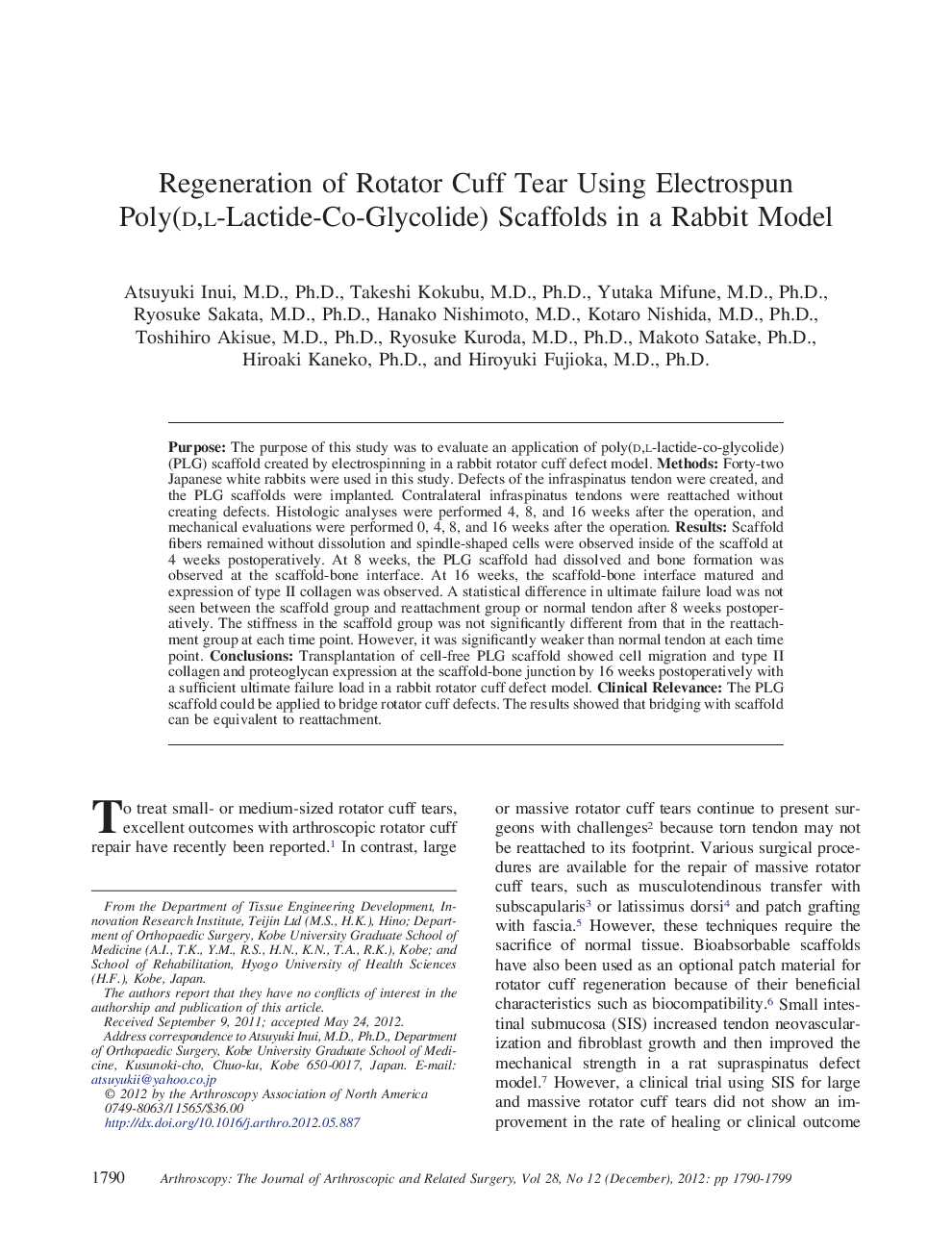 Regeneration of Rotator Cuff Tear Using Electrospun Poly(d,l-Lactide-Co-Glycolide) Scaffolds in a Rabbit Model 
