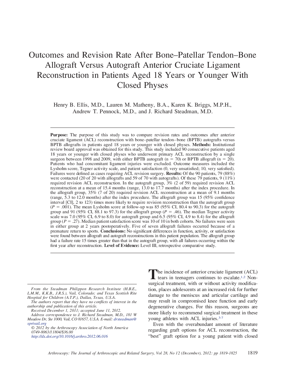 Outcomes and Revision Rate After Bone–Patellar Tendon–Bone Allograft Versus Autograft Anterior Cruciate Ligament Reconstruction in Patients Aged 18 Years or Younger With Closed Physes 