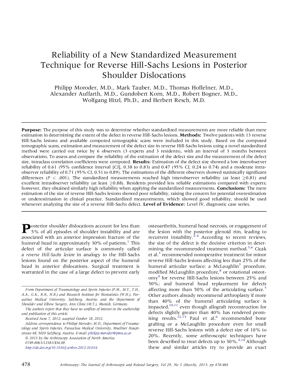 Reliability of a New Standardized Measurement Technique for Reverse Hill-Sachs Lesions in Posterior Shoulder Dislocations 