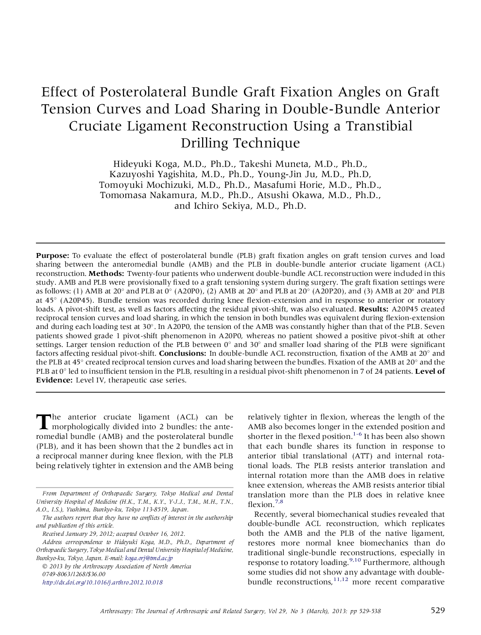 Effect of Posterolateral Bundle Graft Fixation Angles on Graft Tension Curves and Load Sharing in Double-Bundle Anterior Cruciate Ligament Reconstruction Using a Transtibial Drilling Technique 