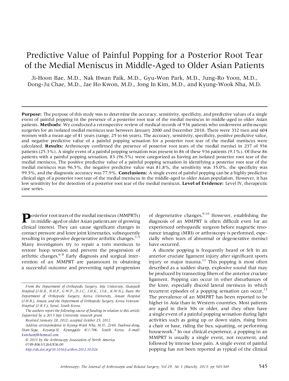 Predictive Value of Painful Popping for a Posterior Root Tear of the Medial Meniscus in Middle-Aged to Older Asian Patients 