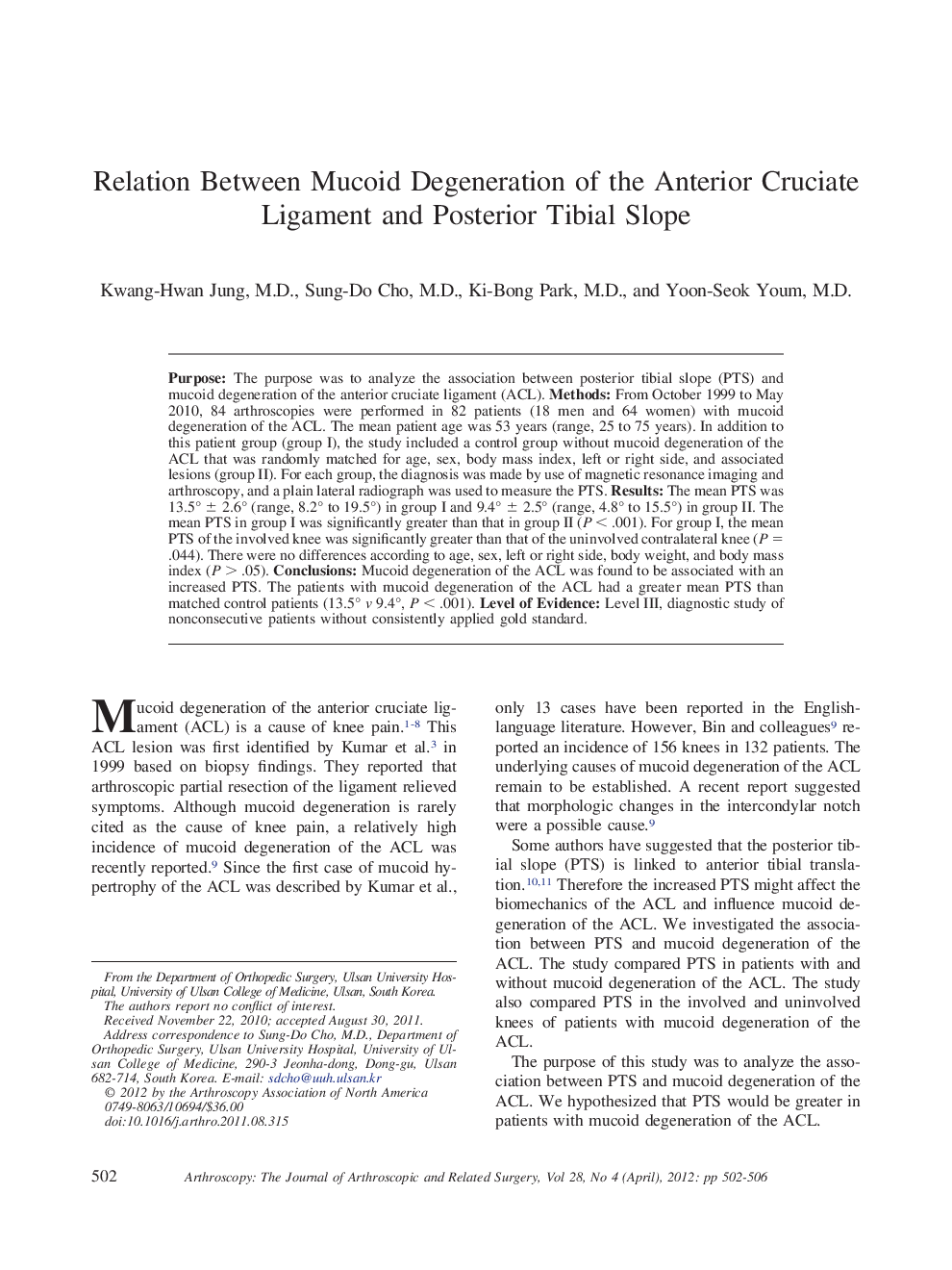 Relation Between Mucoid Degeneration of the Anterior Cruciate Ligament and Posterior Tibial Slope 