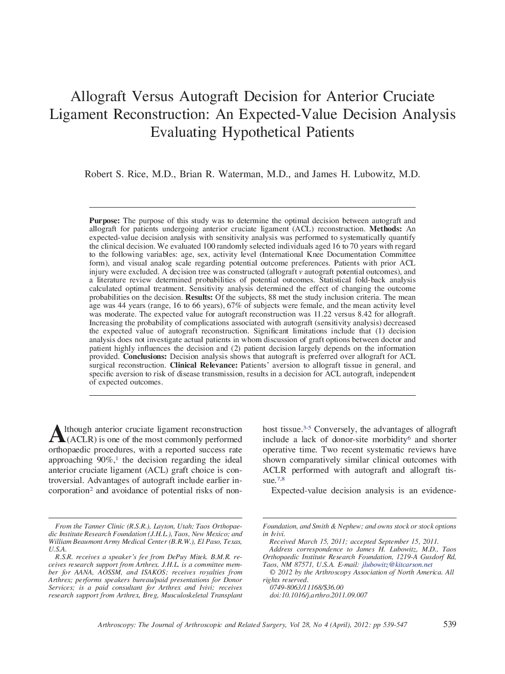 Allograft Versus Autograft Decision for Anterior Cruciate Ligament Reconstruction: An Expected-Value Decision Analysis Evaluating Hypothetical Patients 