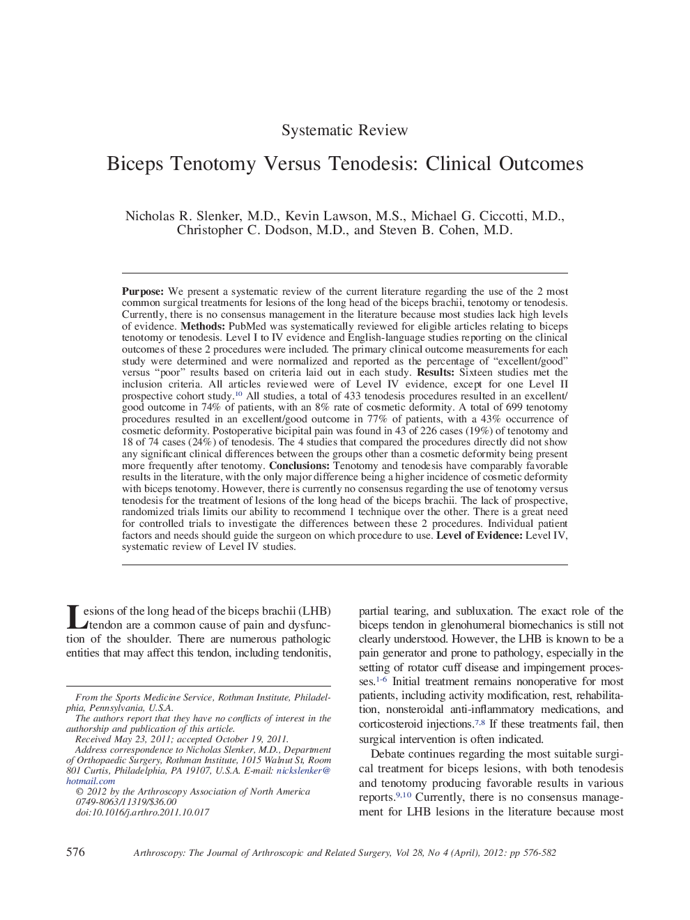 Biceps Tenotomy Versus Tenodesis: Clinical Outcomes 